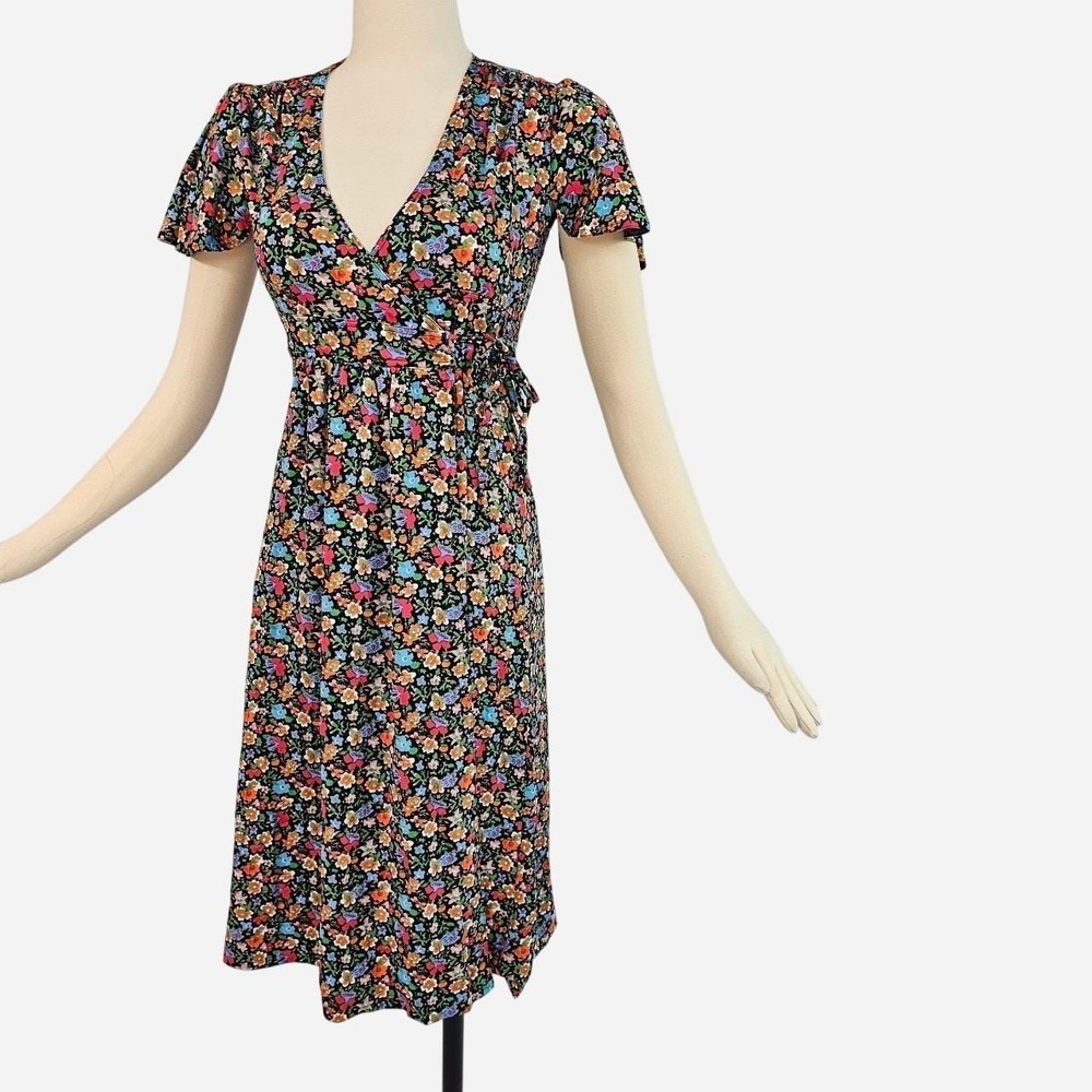 Vintage Rainbow Floral Wrap Dress w/ Tie Waist Fluttery Sleeve Black Gown V-neck - Picture 2 of 8